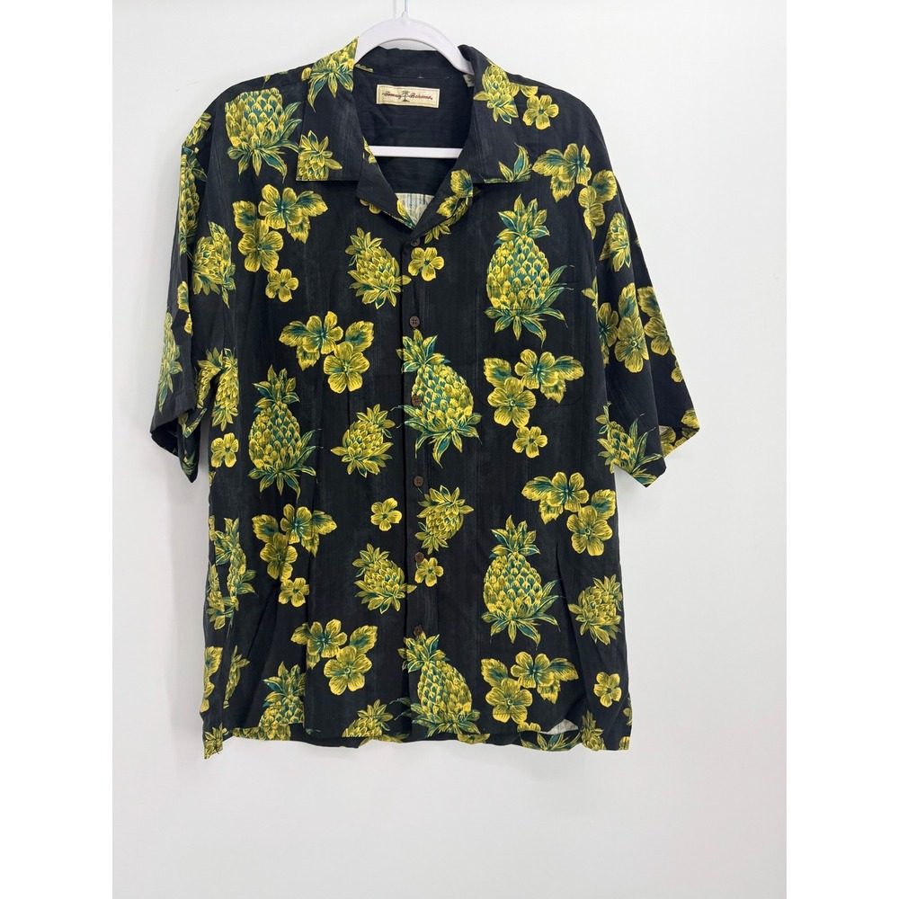 Tommy Bahama Shirt Mens‎ Large Black Yellow Pineapple Floral Silk Button Down